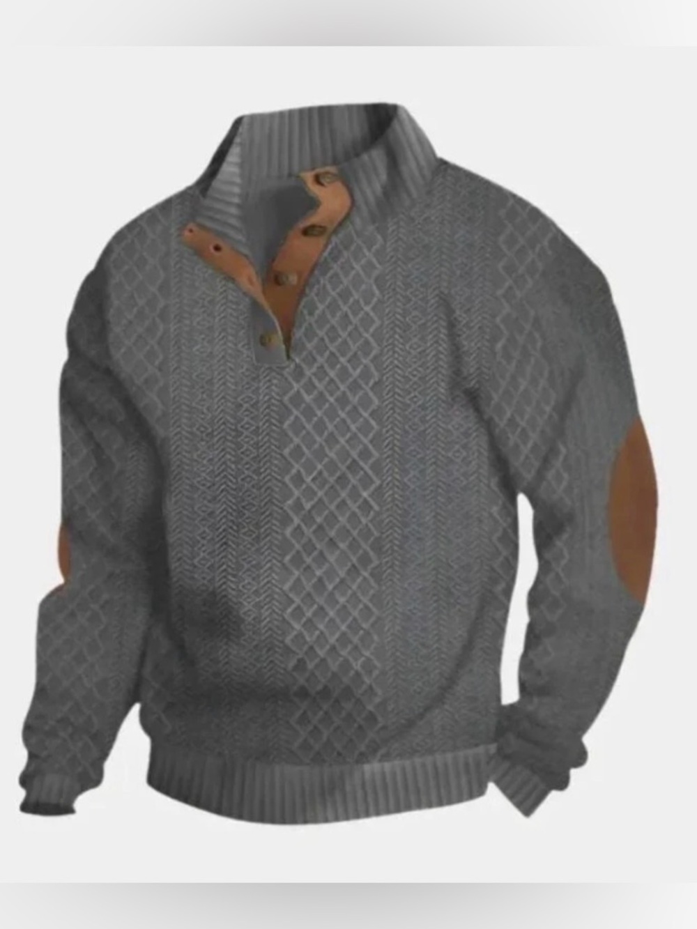 NWT Men’s Gray Quarter Button Pullover Sweater L Textured Knit Elbow Patch